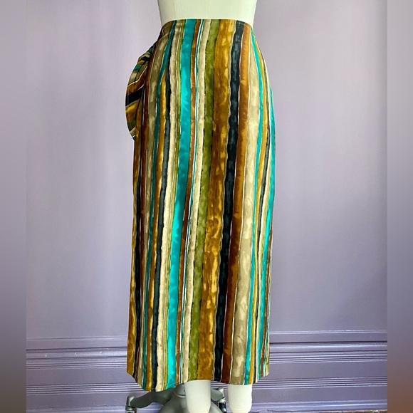 Vintage 90s Express Brown Green Umber Tan Western Stripe Wrap Skirt Pure Silk 9 - Picture 2 of 7